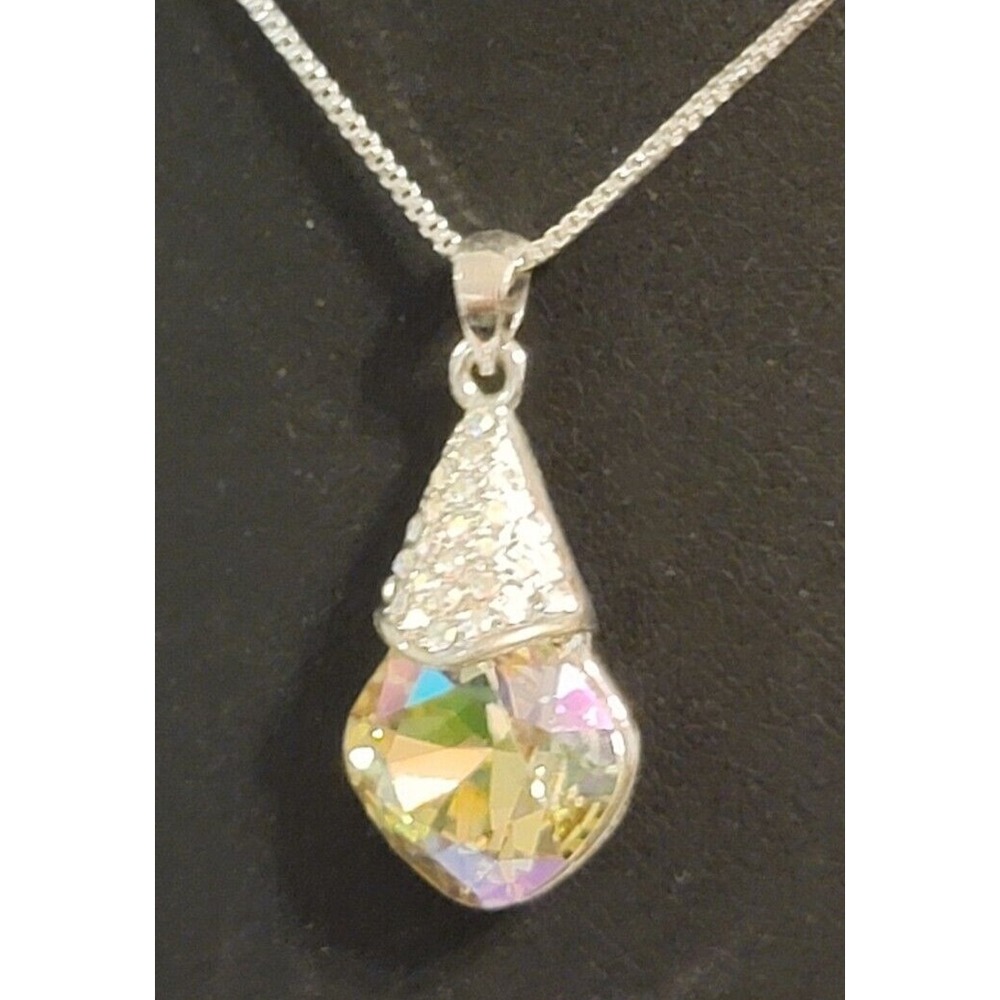 Vintage Iridescent Pendant Necklace Tear Drop Silver-tone Crystal Glass Jewelry